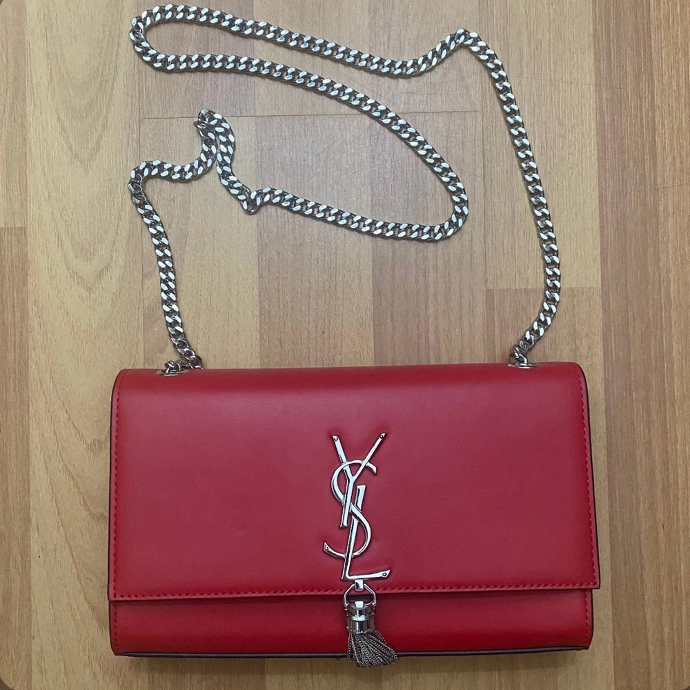 Yves Saint Laurent Kate Tassel Red Crossbody Bag with Silver Chain